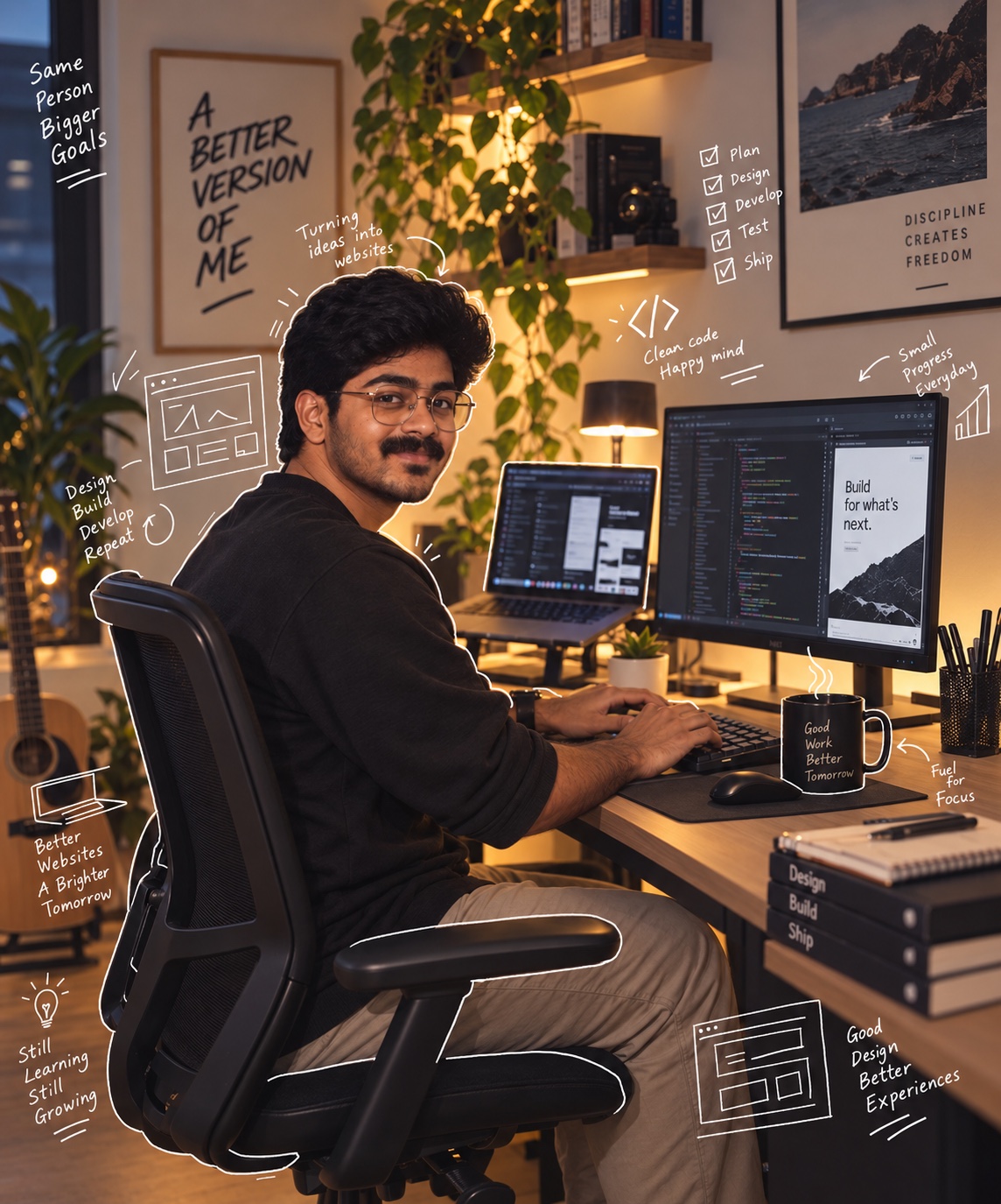 Niranjan at his desk, surrounded by notes about designing and building websites
